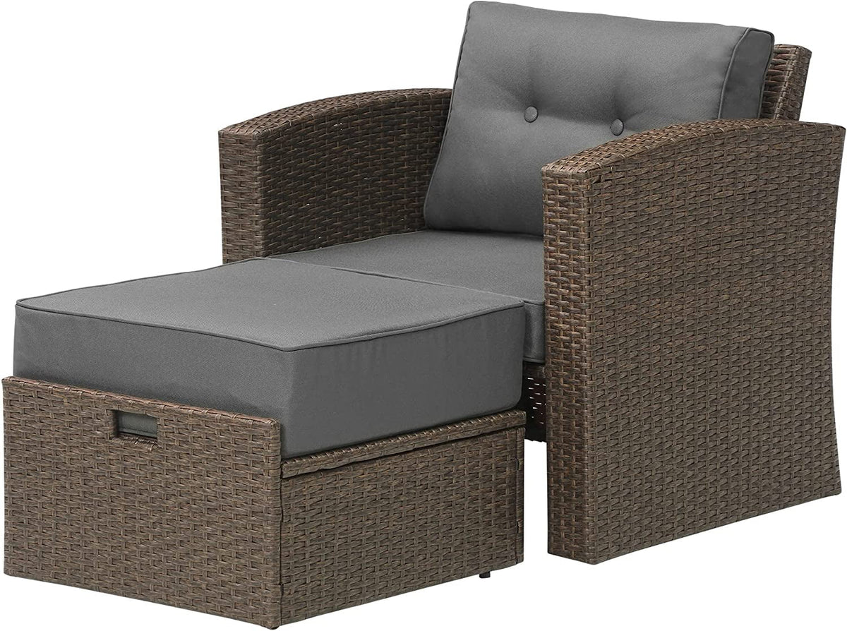Royalcraft Patio Wicker Armchair with Ottoman, 2 Pieces PE Wicker Outdoor Conversation Set Outdoor Sectional Sofa for Garden, Beach, Balcony and Poolside, Aluminum Frame