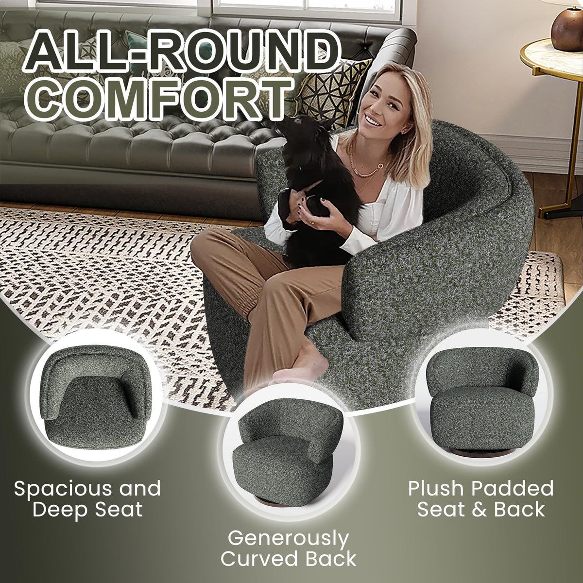 Superjoe Swivel Accent Chair, Fully Assembled Round Barrel Chairs, Oversized Upholstered Armchair with 360-Degree Base, Modern Club Chair for Living Room, Bedroom, Office, Green