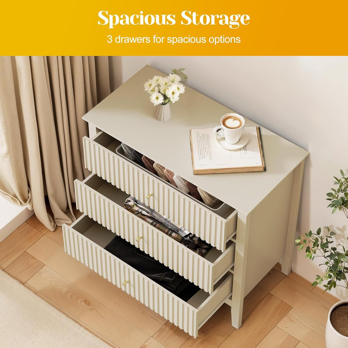 Mayincolor Large Fluted 3 Drawer Dresser set of 2, Wide Chest of Drawers with Modern Nightstand Cabinet Wood Dresser with Spacious Storage for Bedroom,Living Room,Beige