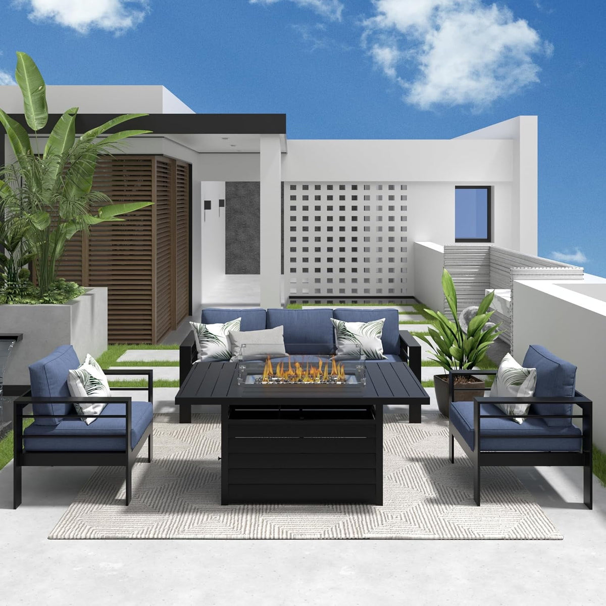 RoyalCarft Aluminum Patio Furniture Set with Fire Pit Table, 4 Piece Metal Outdoor Furniture with Water-Resistant Cushions, Modern Patio Conversation Set for Balcony, Front Porch, and Backyard,Blue