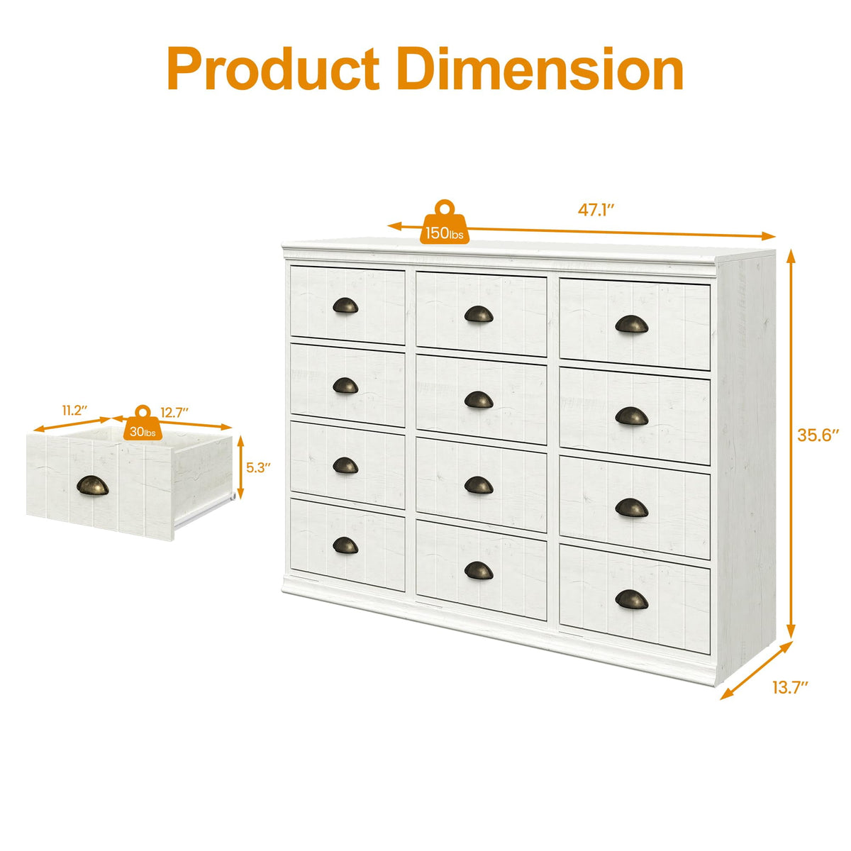 CozyHome Fluted Dresser Set of 3, White 4 Drawer Dresser with Bronze Metal Handles, Modern Dresser Organizer with Soft-Close Drawers, Chest of Drawers for Bedroom, Living Room, Entryway