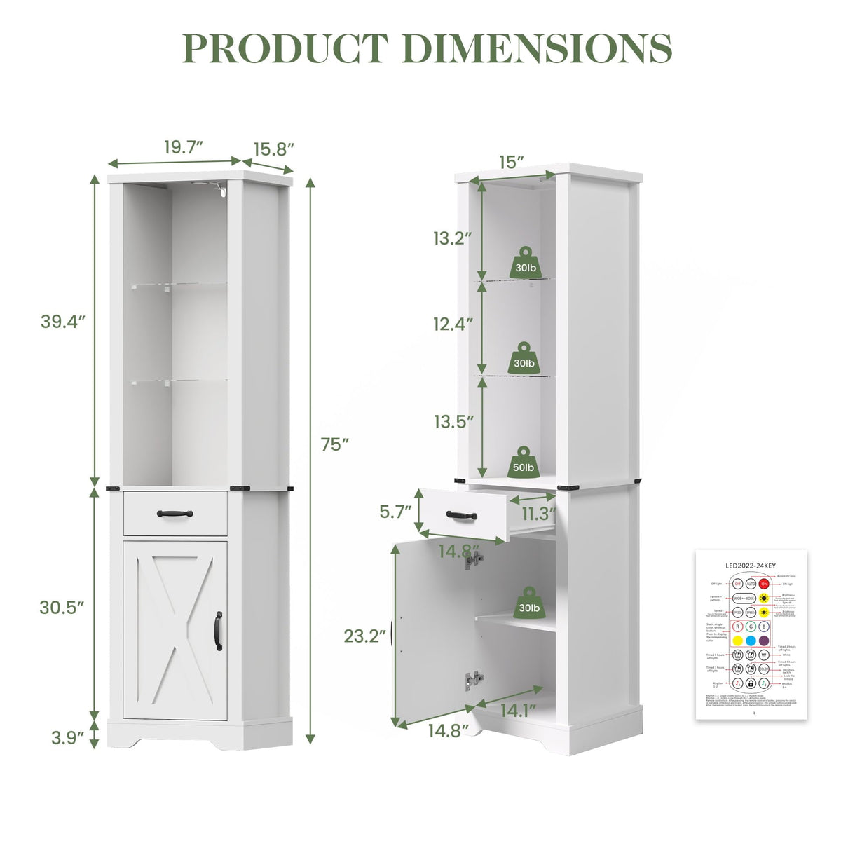 Royalcraft 75'' Tall Storage Cabinet with LED Light, Farmhouse Pantry Cabinet with Tempered Glass Adjustable Shelves & Barn Door, Freestanding Linen Tower for Bathroom, Living Room, Kitchen, White