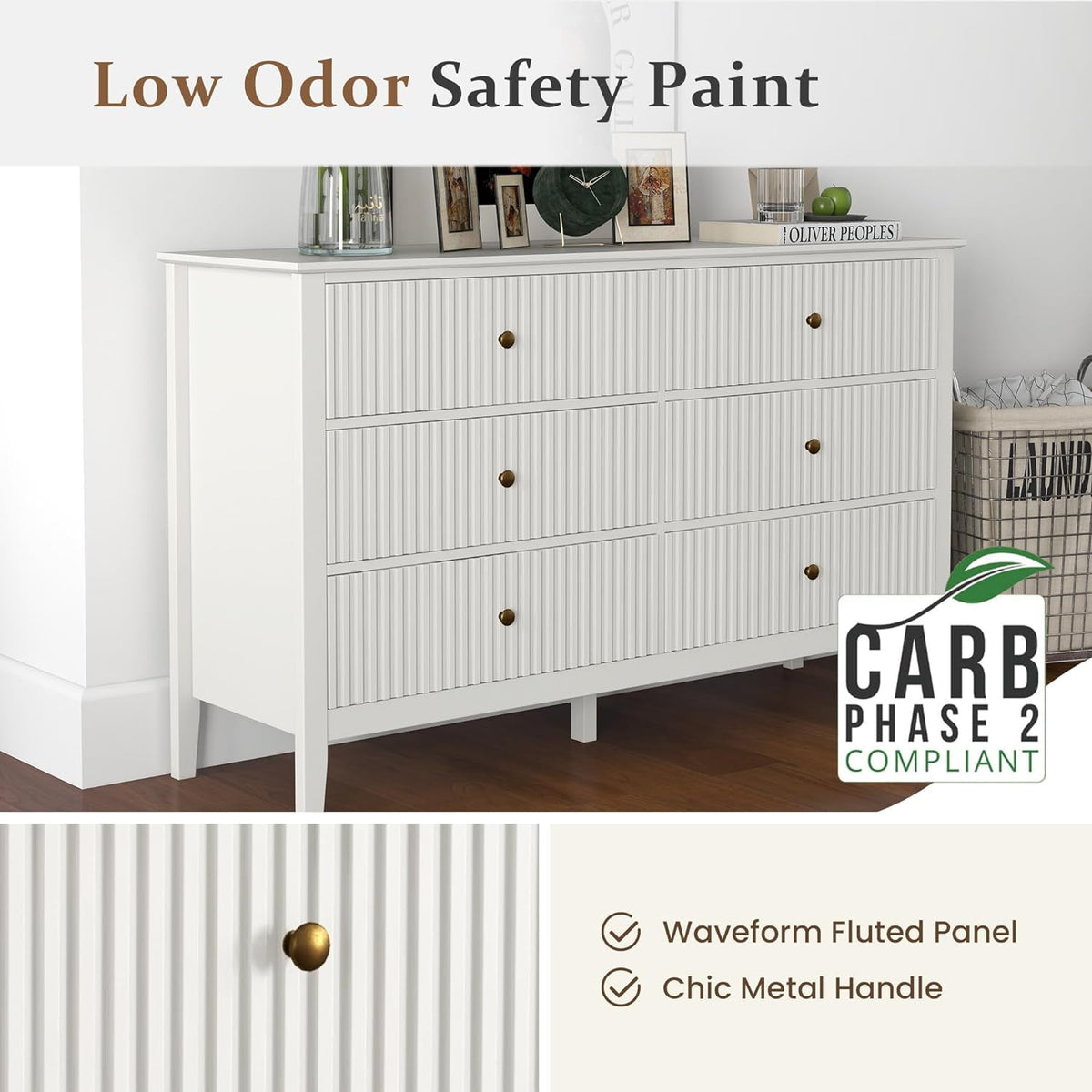 Superjoe 6 Drawer White Dresser for Bedroom, Modern Storage Chest w/Silent Slide & Waterproof Lacquered Desktop, Wood Side Organizer Cabinet for Living Room, Study Room, Nursery