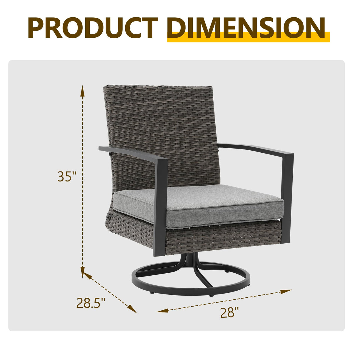 Royalcraft 3 Pieces Patio Bistro Set with Swivel Chair and Small Side Table, All Weather Rattan Chairs with Water-Resistant Cushions & Metal Frame, Outdoor Rocking Chairs, Grey