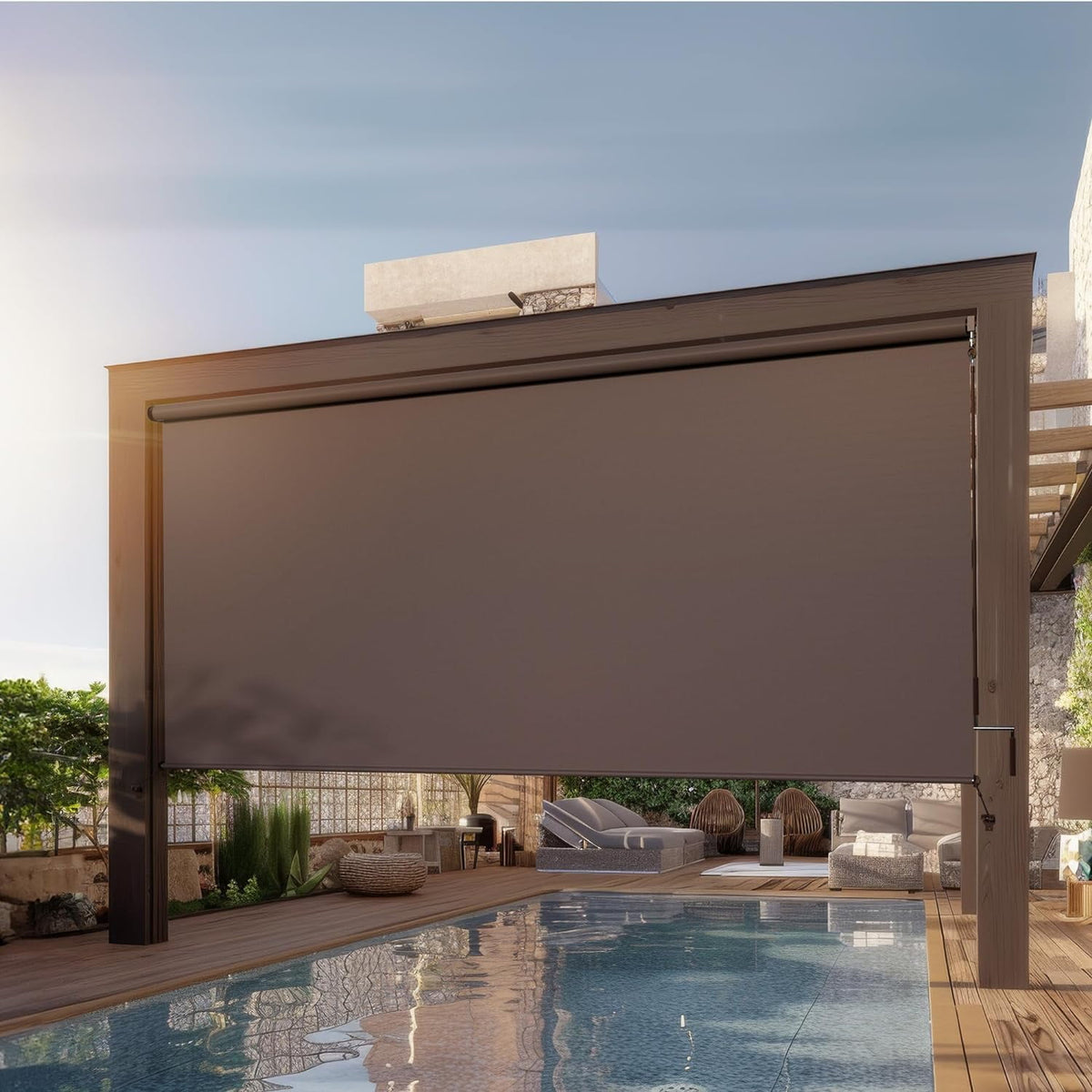 Outdoor Roller Shades for Patio New Material with 95% UV Protection, Cordless Patio Shades Roll Up Outdoor Blinds with Crank Handle for Shading, Protect Privacy, No Valance, (6' W X 8' L), Brown