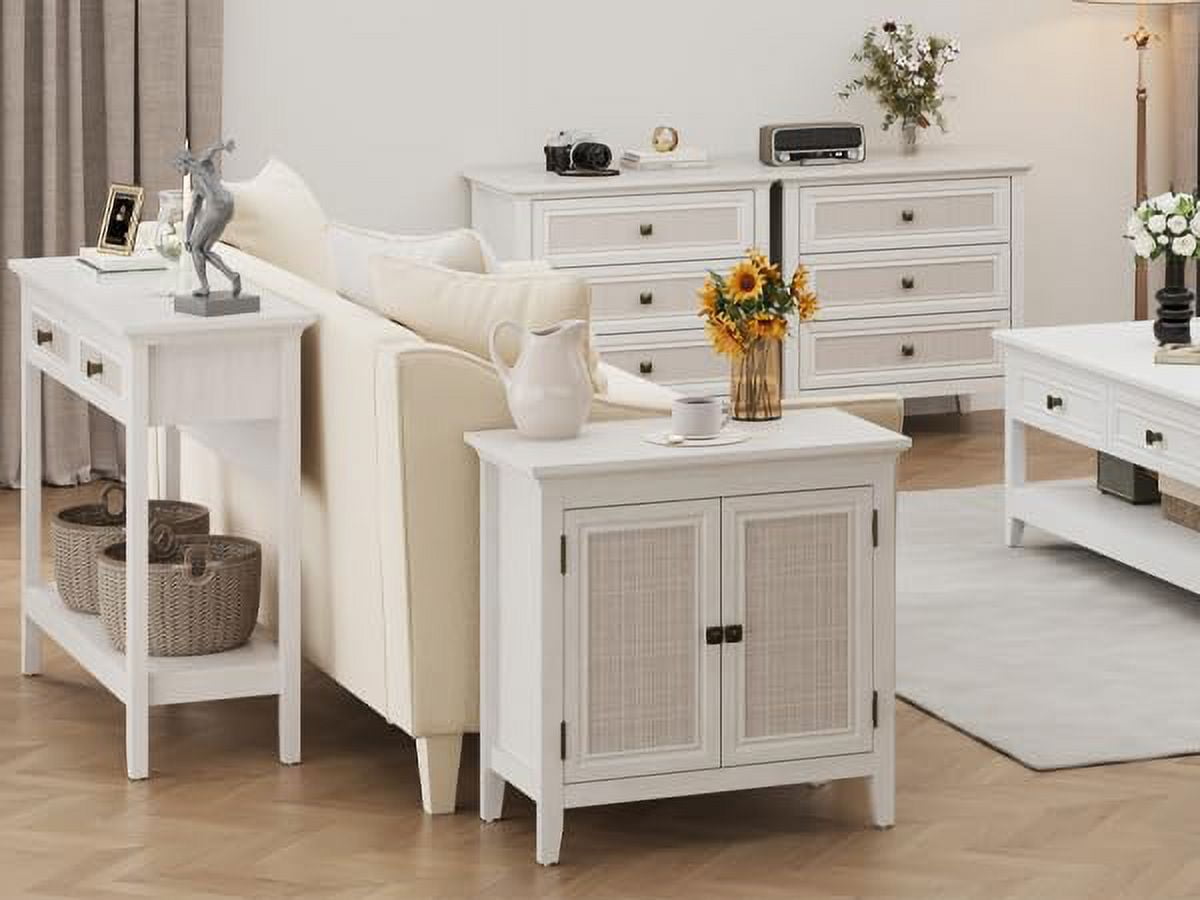 Superjoe Storage Cabinet, Kitchen Sideboard Cabinet with Rattan Decor Doors, Accent Buffet Cabinet with Adjustable Storage Shelf, Wood Cabinet Organizer for Hallway, Dining Room, Living Room, White