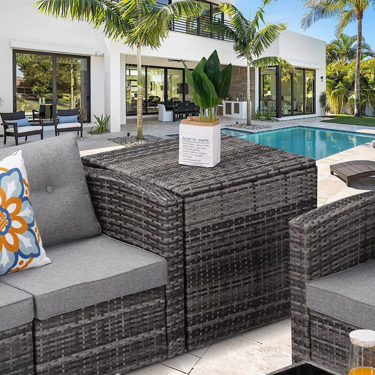 Royalcraft Wicker Storage Box, Rattan Bin Deck Box for Cushions, Tools and Toys Gray for Garden Beach Balcony and Poolside