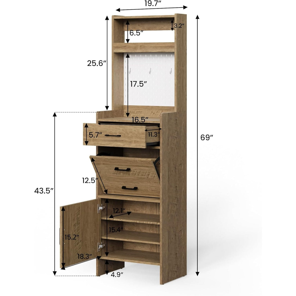 CozyHome 5-in-1 Shoe Cabinet with Flip Drawer, Entryway Shoe Storage with Pegboard, Adjustable Shelf, Wood Entryway Cabinet, Brown
