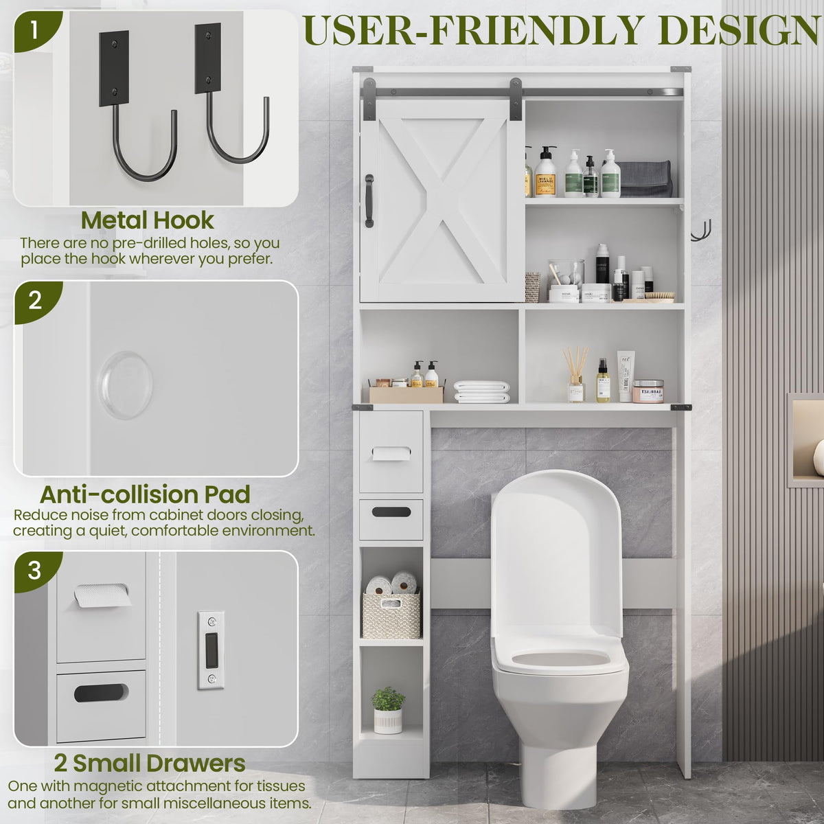 RoyalCraft Over The Toilet Storage Cabinet, Farmhouse Storage Cabinet Over Toilet with Sliding Barn Door, Home Space-Saving Toilet Rack, Behind Toilet Bathroom Organizer for Bathroom, White