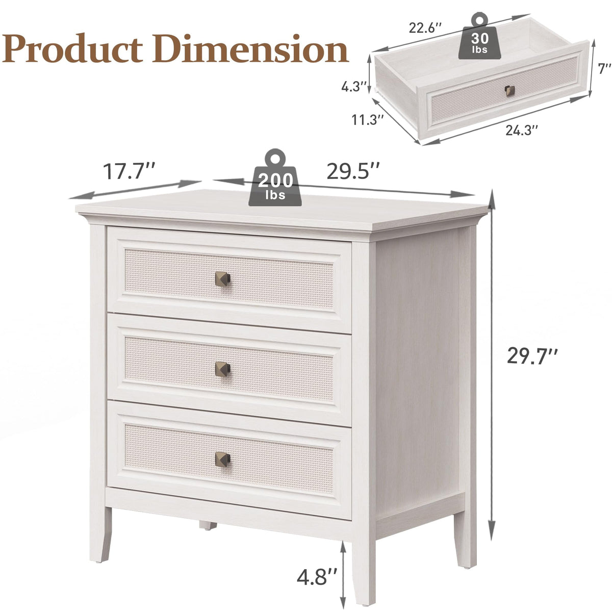 Superjoe 3 Drawer Nightstand, Rattan Dresser Table with Cane Drawers, Tall Boho Bedside Table Cabinet for Bedroom, Living Room, Entryway, Hallway, White