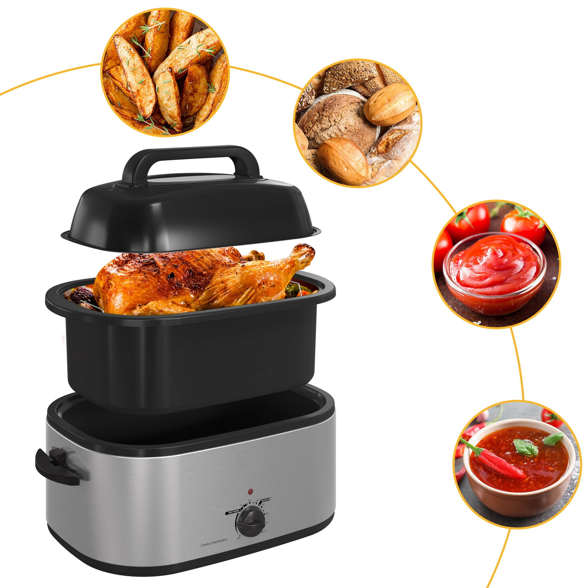 RoyalCraft 26 Quart Electric Turkey Roaster Oven with Visible Glass Lid, with Removable Pan & Rack, Stainless Steel, Silver