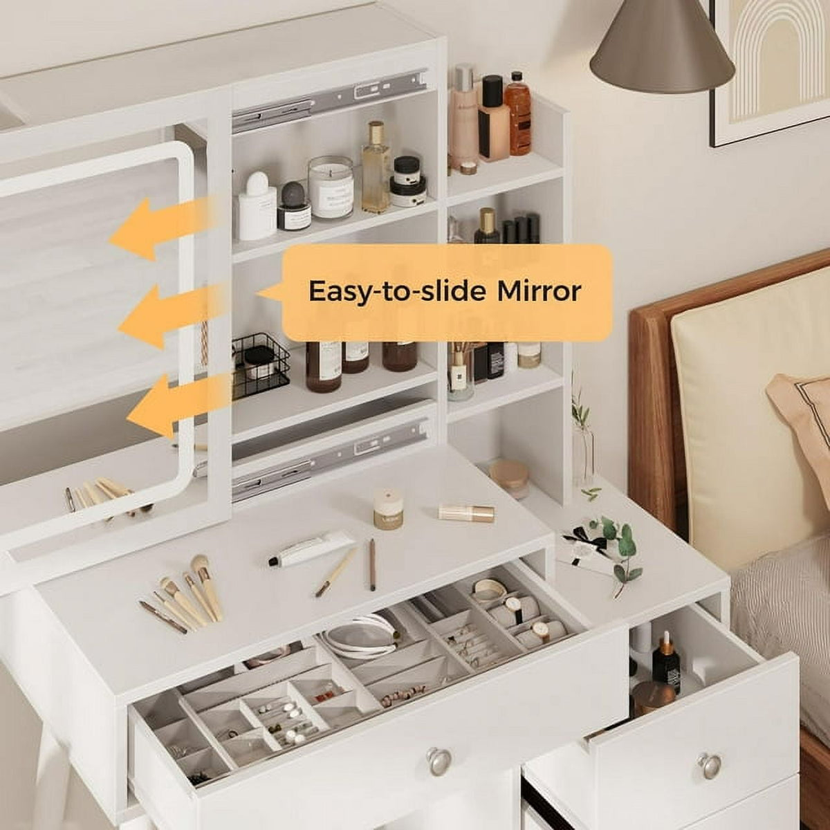 Superjoe Vanity with Mirror and Lights, Makeup Table with 3 Color Touch Light, Vanity Desk with Drawers & Hidden Shelves for Bedroom, White (Stool Not Included)