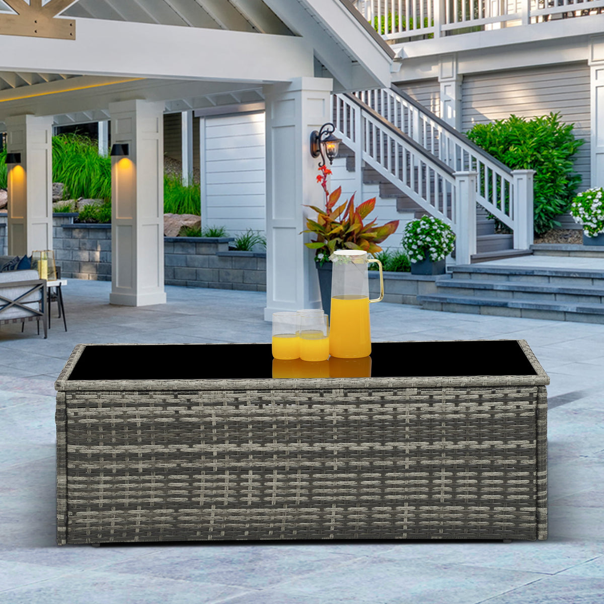 Royalcraft Outdoor Coffee Table, Grey Wicker Table for Patio Sectional Furniture, All-Weather Aluminum Frame Rectangular Coffee Table with Glass Top