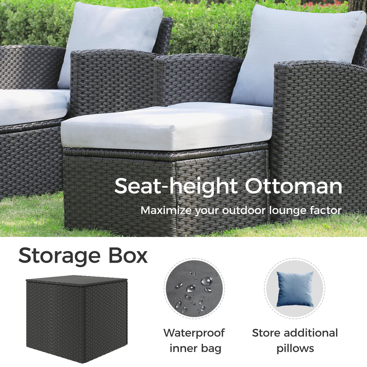 Royalcraft 8 Pieces Patio Furniture Set, All Weather Grey PE Wicker Rattan Outdoor Sectional Sofa with Coffee Table and Dark Grey Cushion, Outdoor Furniture for Lawn Backyard Poolside Porch