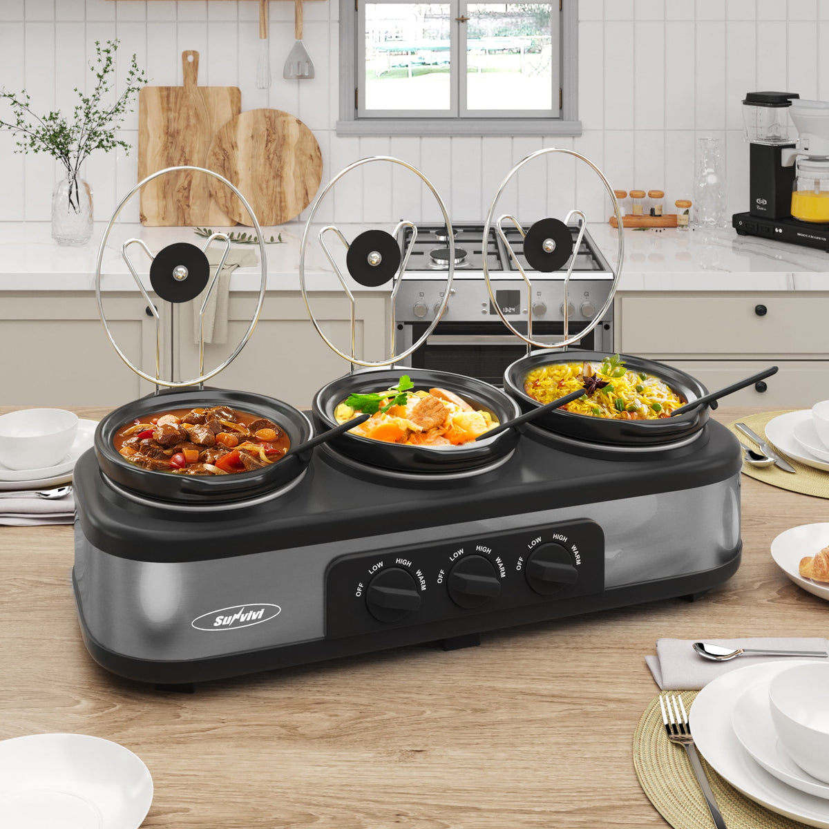 Triple Slow Cooker with 3 Spoons, 3 Pot 1.5 Quart Oval Crock Food Warmer Buffet Server, Stainless Steel