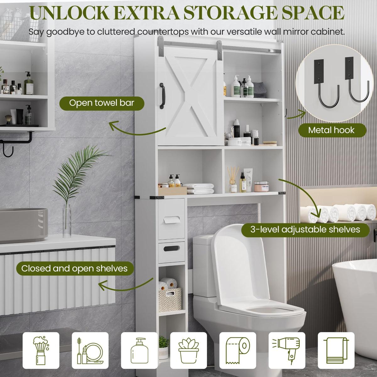 RoyalCraft Over The Toilet Storage Cabinet, Farmhouse Storage Cabinet Over Toilet with Sliding Barn Door, Home Space-Saving Toilet Rack, Behind Toilet Bathroom Organizer for Bathroom, White