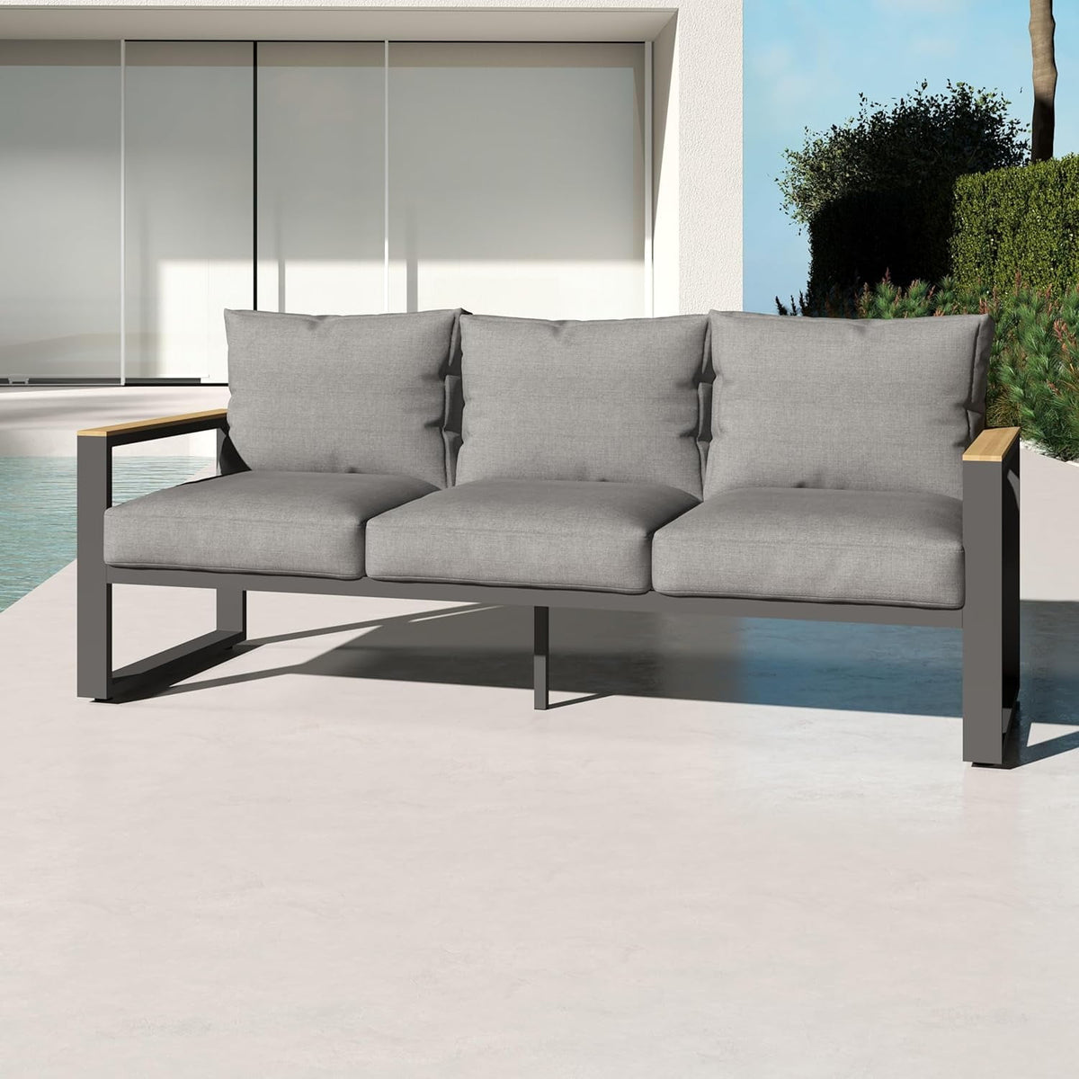 Royalcraft Aluminum Outdoor Couch, All-Weather Metal Patio 3-seat Sofa with Soft Thick Cushions, Patio Sofa Couch for Porch Backyard Garden, Grey
