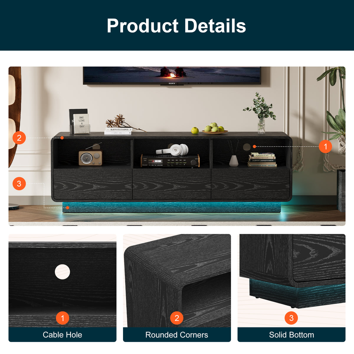 Royalcraft 59" Modern TV Stand with LED Lights, Floating Bohemian Wood Entertainment Center with Storage Drawers for Living Room & Bedroom