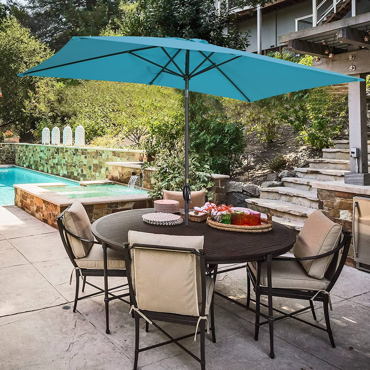 RoyalCraft 6.5 x 10 Ft Rectangular Patio Umbrella Aluminum Pole, Outdoor Table Market Umbrella with Crank, 6 Steel Ribs, Polyester Canopy, Light Blue