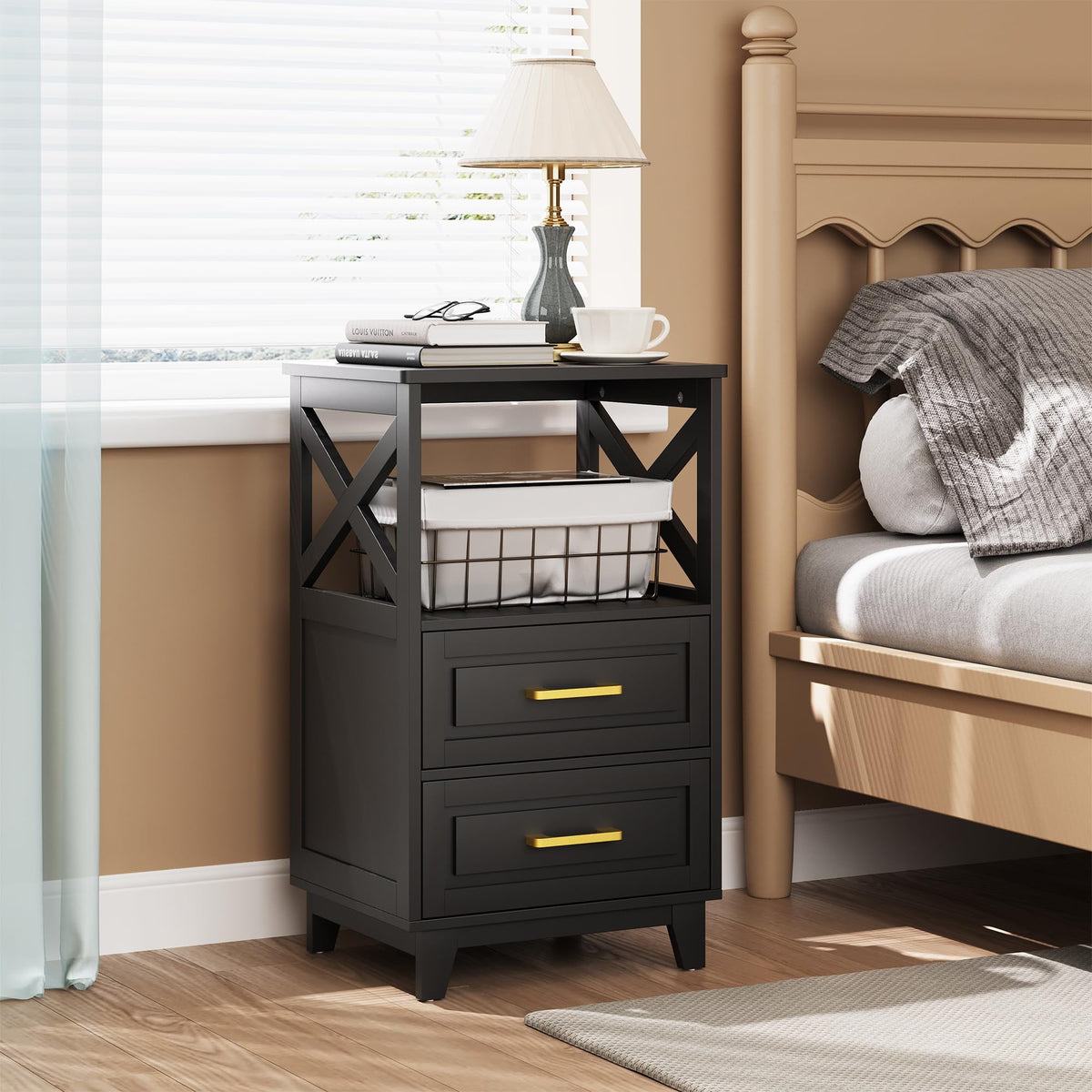 RoyalCraft Tall Nightstand, Side Table with 2 Drawers and Open Shelf on Top, Bedside Table with Solid Feet, Modern Night Stand End Table for Bedroom, Living Room, Home Office, Black