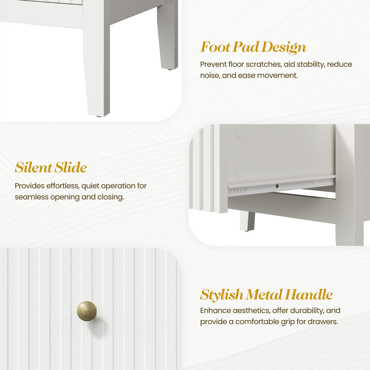 RoyalCraft White Fluted 4 Drawer Dresser for Bedroom, Modern Chest of Drawers, Wood Dresser for Storage Clothes, Wooden Storage Cabinet Nightstand for Bedroom, Hallway, Living Room, Entryway