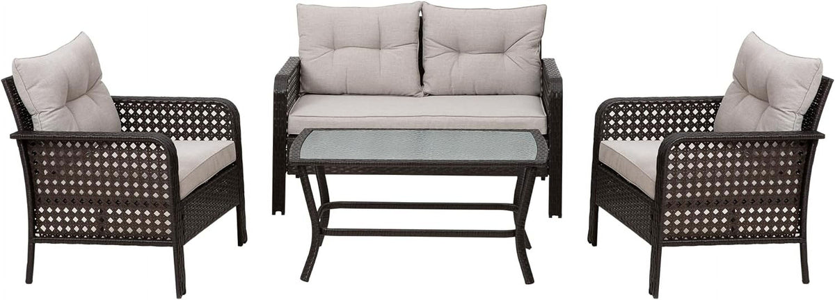 4 Pieces Patio Furniture Set, Outdoor Rattan Chair Wicker Conversation Sets with Cushions and Glass Coffee Table, for Porch Balcony Garden Backyard Deck, Brown and Khaki