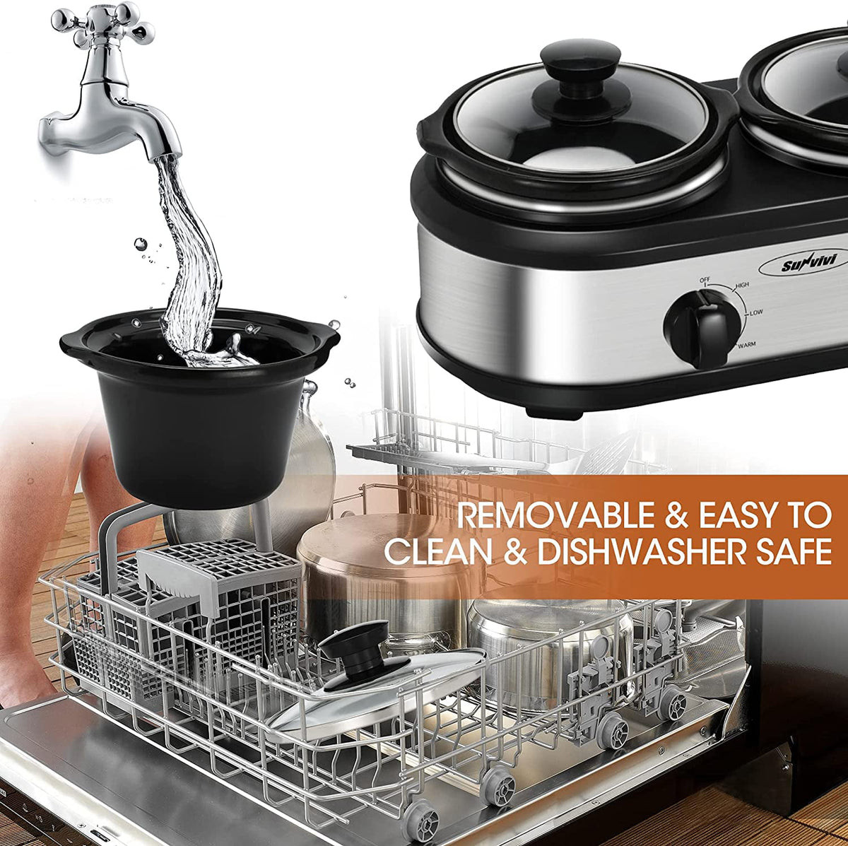 Royalcraft Double Slow Cooker,2 Pot Small Mini Crock Buffet Servers and Warmer,Dual Pot Oval Manual Slow Cooker with Adjustable Temp Removable Ceramic Pot,Stainless Steel, Total 2.5 Quarts Black