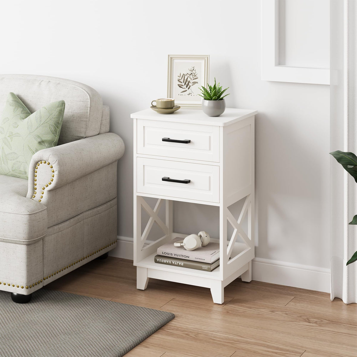 RoyalCraft Tall Nightstand, Side Table with 2 Drawers and Open Shelf Below, Bedside Table with Solid Feet, Modern Night Stand End Table for Bedroom, Living Room, Home Office, White