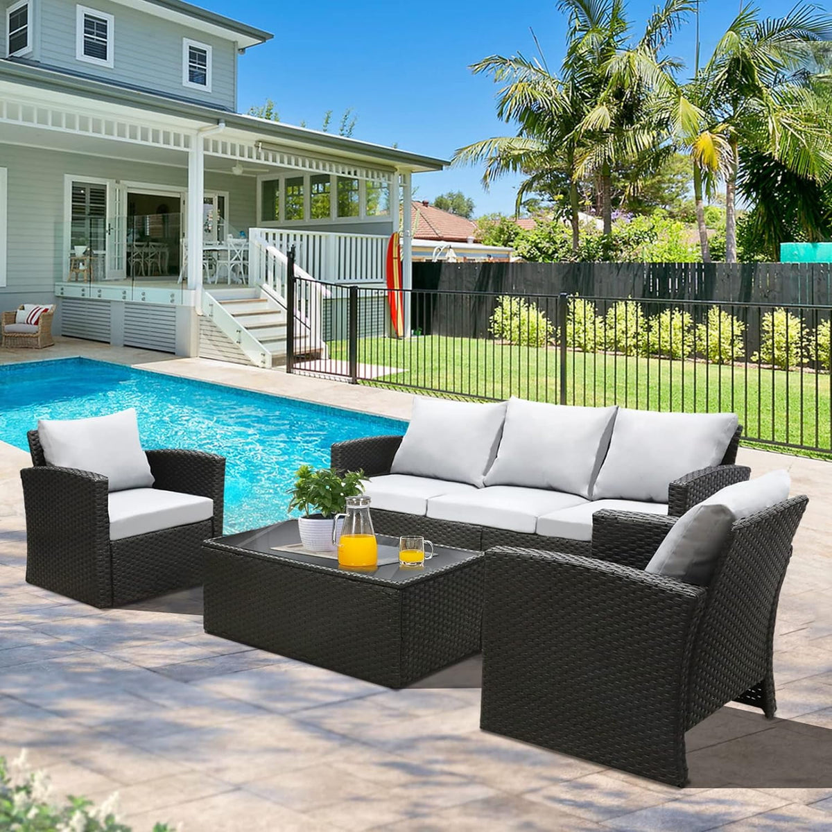 Royalcraft Wicker Patio Furniture Set,4 Pieces Outdoor Conversation Set with Tempered Glass Coffee Table and Thick Cushion, Rattan Couch Sofa Armchair Seat for Garden Backyard, Grey