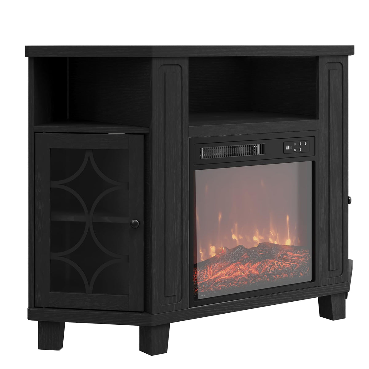 CozyHome Corner TV Stands with 18'' Fireplace, Media Console Table with Adjustable Shelves & Acrylic Doors, Entertainment Center for TVs up to 55'', Corner Cabinet for Living Room, Bedroom, Black