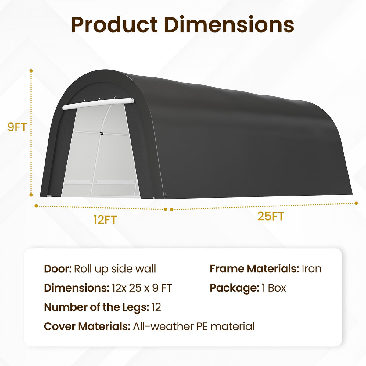 RoyalCraft Domed Carport, Portable Garage with 2 Roll up Doors, Heavy Duty Car Canopy Party Tent, All-Season Storage Shelter Shed Carport for Motorcycle, Boat, Truck, or Garden Tools, 12' x 25'