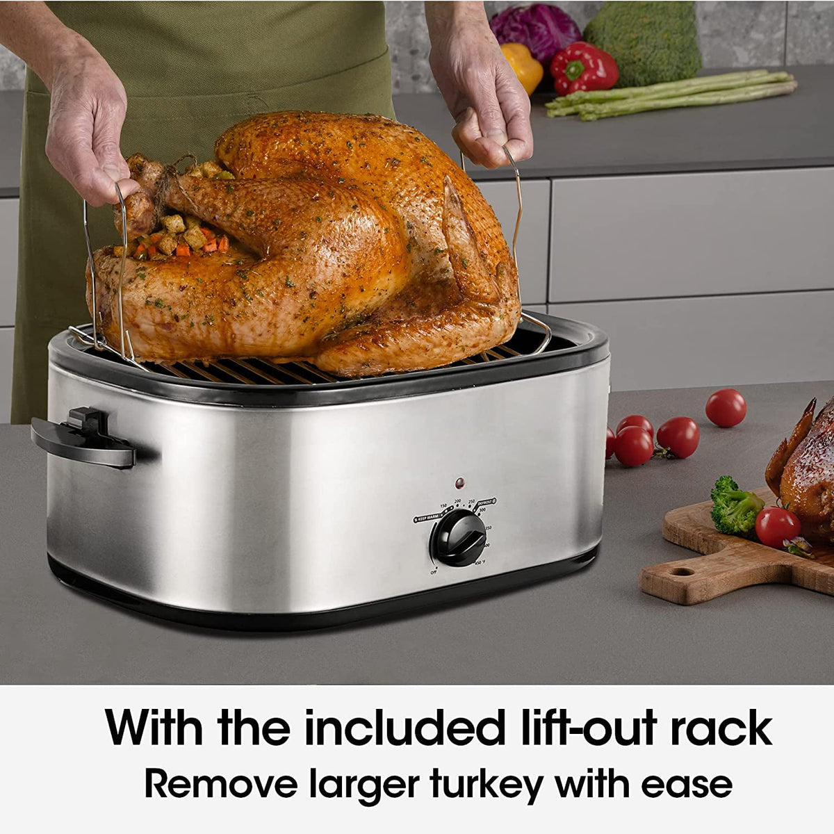 Royalcraft 22 Quart Electric Turkey Roaster Oven with Visible & Self-Basting Lid, Stainless Steel