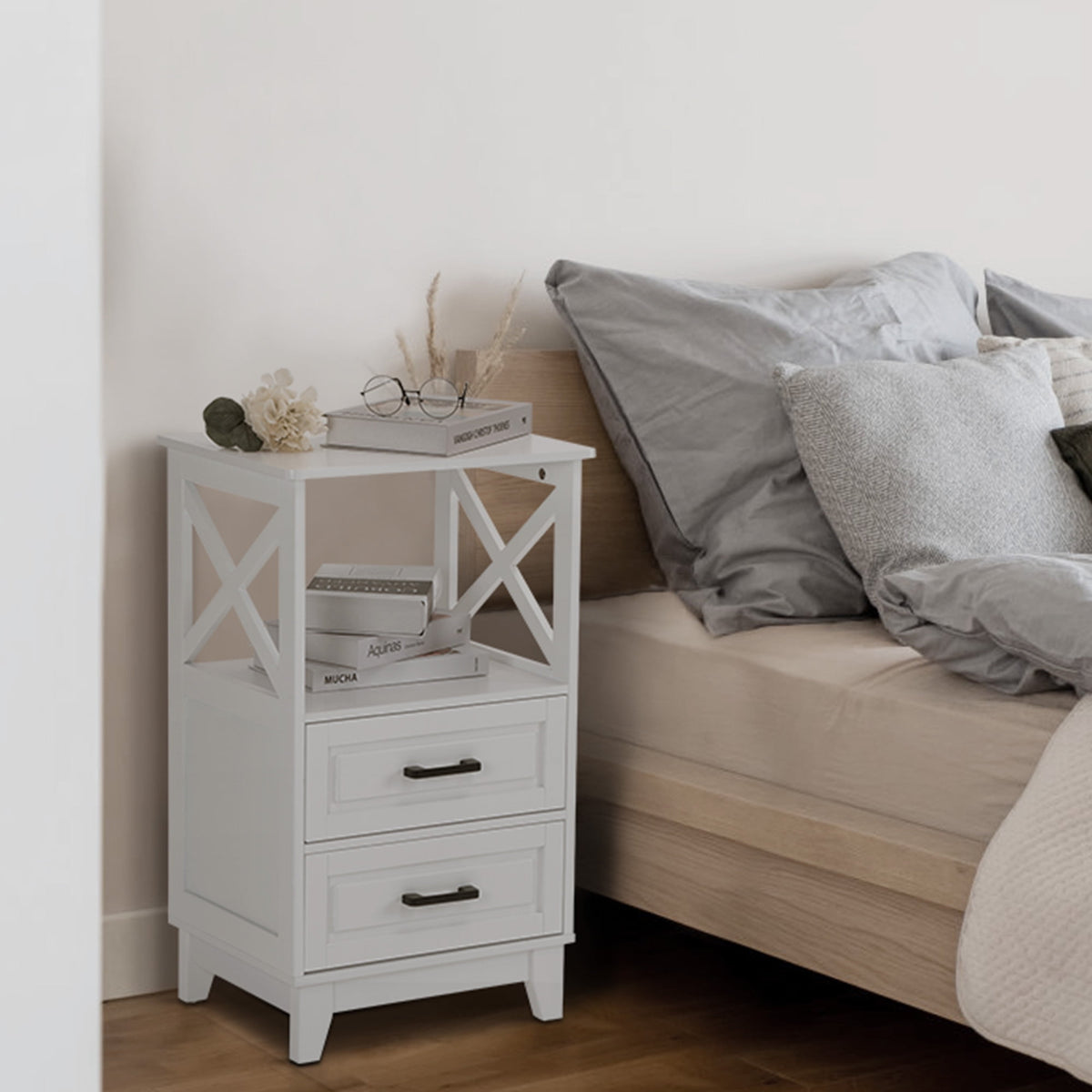RoyalCraft White Nightstand, Farmhouse Side Table with Storage Drawers and Open Shelf, Wooden Rustic End Table Cabinet for Bedroom, Living Room nightstand