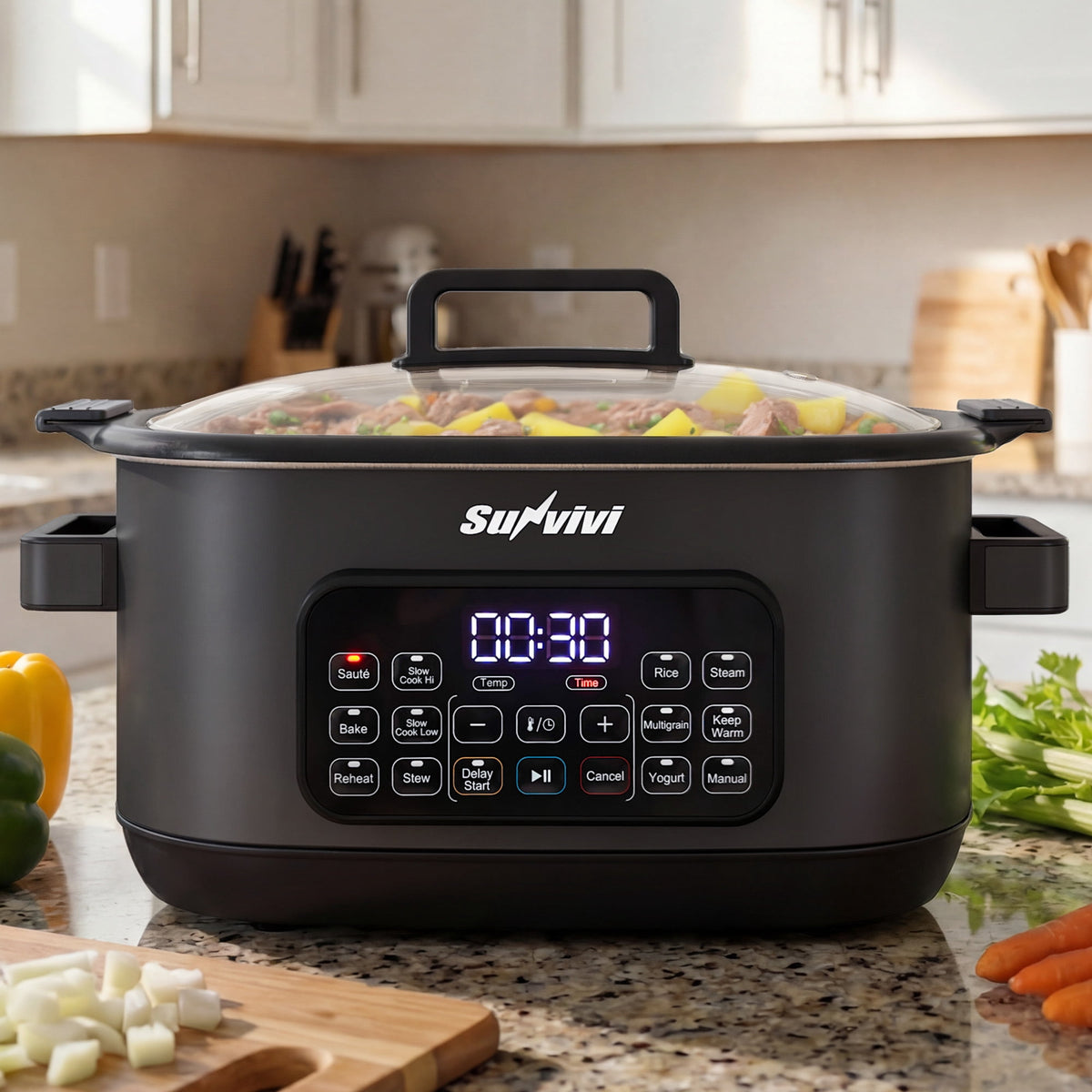 Royalcraft 12-in-1 Digital Programmable Slow Cooker, 6.5 QT Large Multicooker, Multi-Cooker with Timer, Temp Control, Black