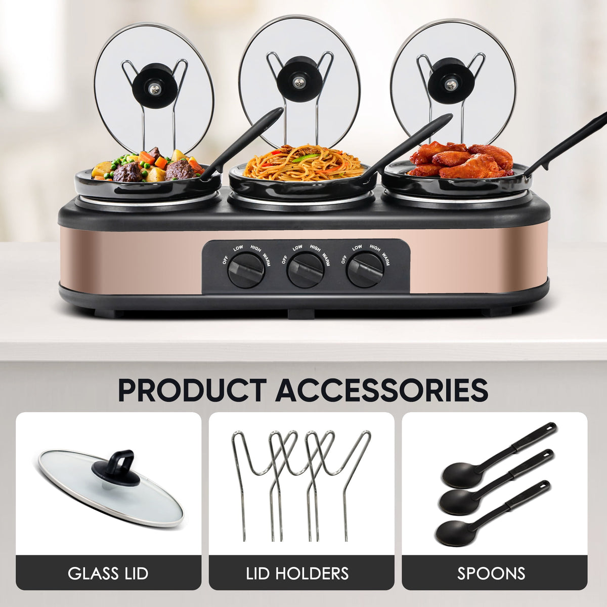 Royalcraft Double Slow Cooker,2 Pot Small Mini Crock Buffet Servers and Warmer,Dual Pot Oval Manual Slow Cooker with Adjustable Temp Removable Ceramic Pot,Stainless Steel, Total 2.5 Quarts Black