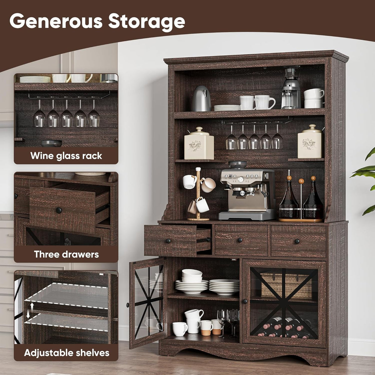 CozyHome 71'' Tall Farmhouse Bar Cabinet, Retro Buffet Cabinet with Charge Station & LED Lights, Liquor Cabinet Bar with Wine Bottle Rack for Kitchen, Living Room, Brown