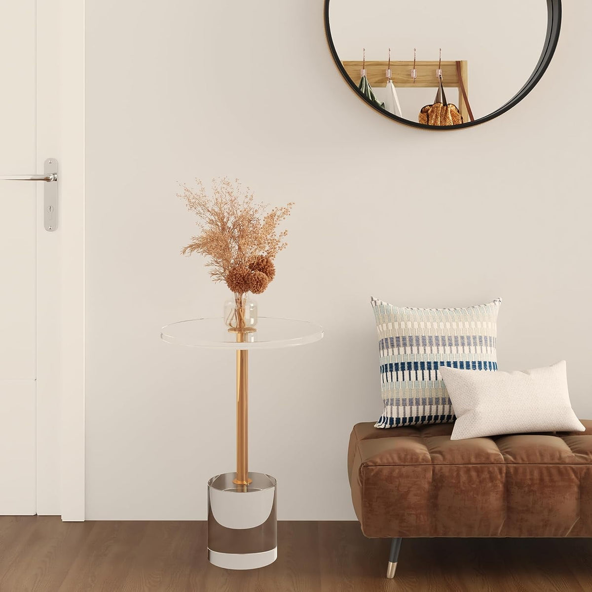 Royalcraft Acrylic Side Table, Small Gold Coffee Table with Brushed Brass Metal, Round Acrylic End Table  for Living Room Office