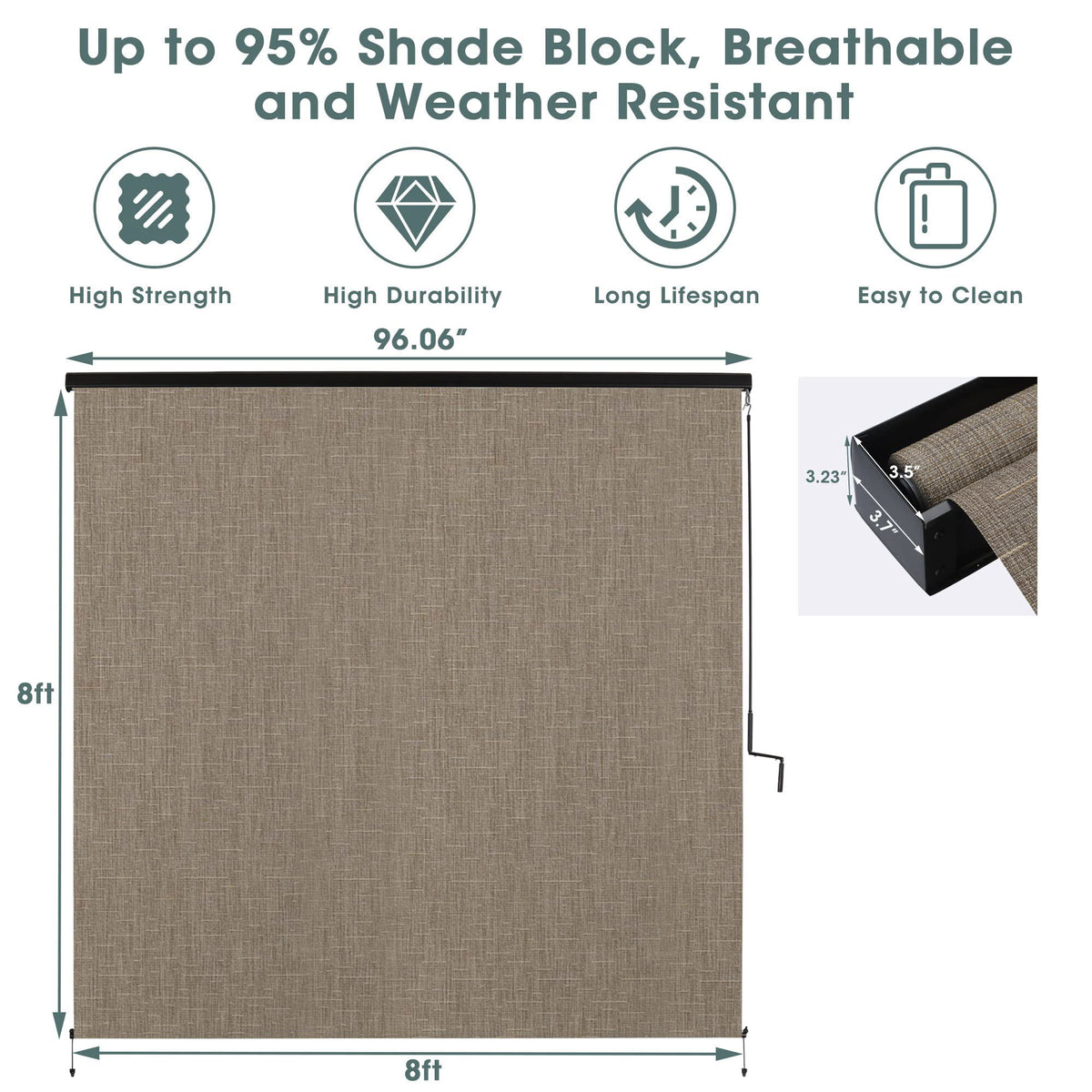 Royalcraft Cordless Outdoor Roller Sun Shade with Pole，8'Wx8'H 420GSM 95% Blockout Waterproof Outdoor Blinds Roll Up for Gazebo Porch, Deck, Pergola,Brown
