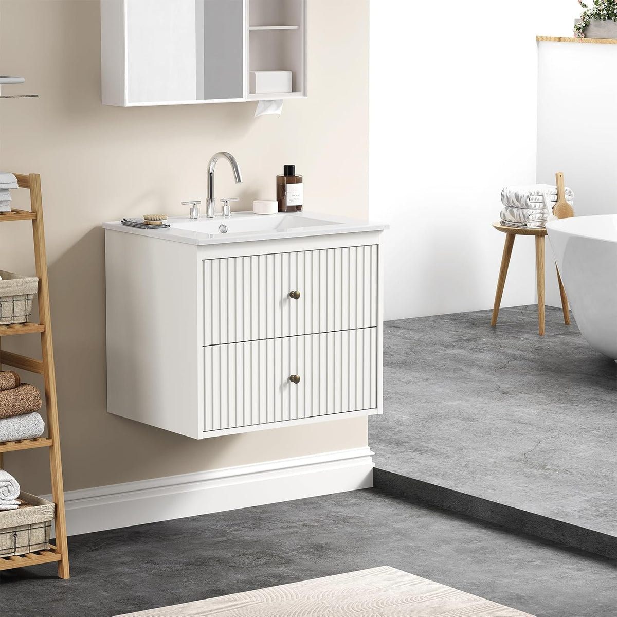 Royalcraft 24'' Bathroom Vanity with Sink, Floating Bathroom Vanity Sink Cabinet with 2 Fluted Drawers, Wall Mounted Bathroom Storage Cabinet with Sink Combo Set, White