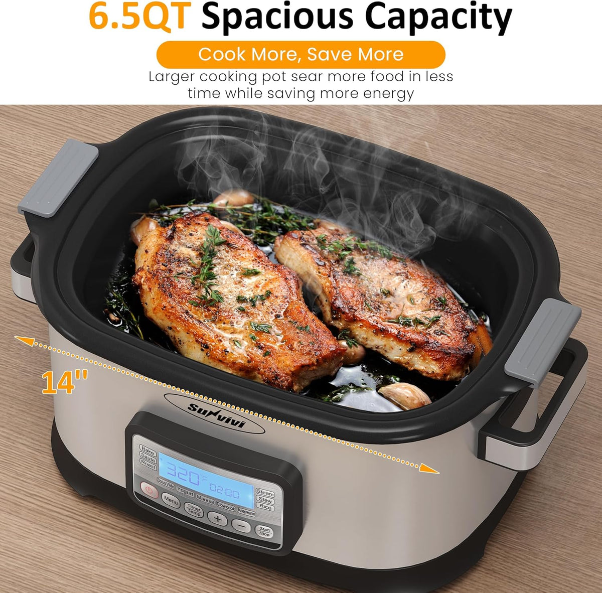 Royalcraft 11-in-1 Multi Slow Cooker Roaster Oven, 6.5QT Sliver Digital Programmable Slow Cooker with Rack, Large Removable Nonstick Crock, Glass Lid, Multicooker with Timer Temp Control, Delay Start