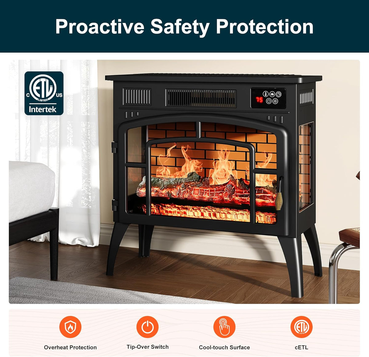 Royalcraft Freestanding Electric Fireplace Heater, Portable Electric Stove with Realistic 3D Flame Effect and Infrared Heating, Classic Mantel Design for Living Room and Bedroom