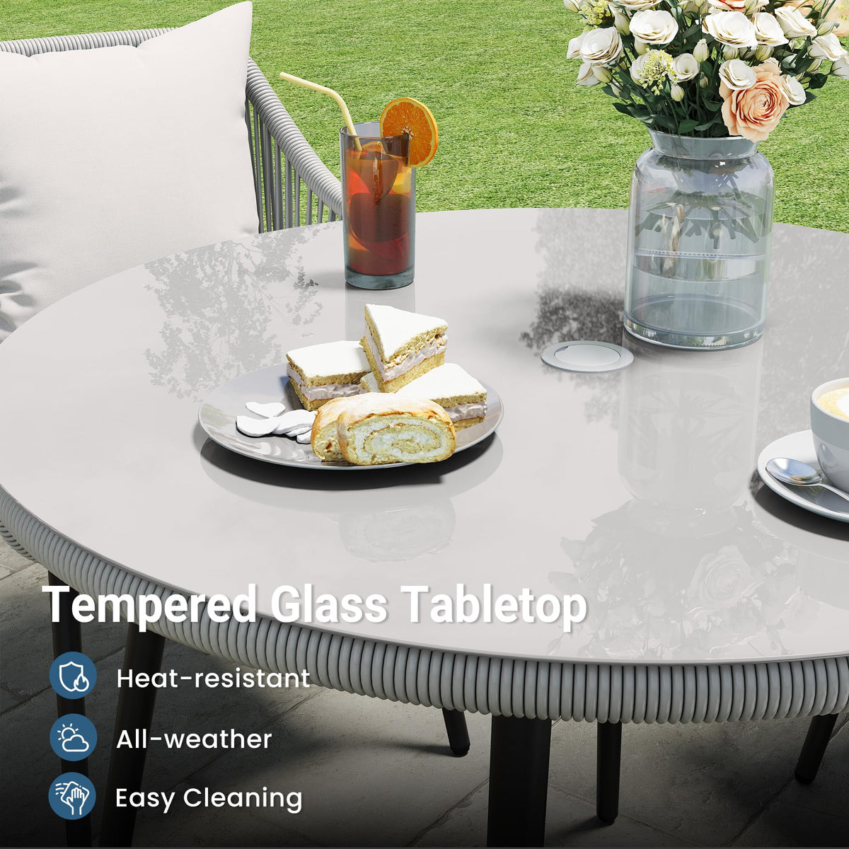 RoyalCraft 5-Piece Patio Dining Table Set, All Weather Twisted Rattan Furniture Set with Cushions, Outdoor Dining Table Chair Set with Umbrella Hole, Ideal for Backyard Balcony Deck Garden, Grey