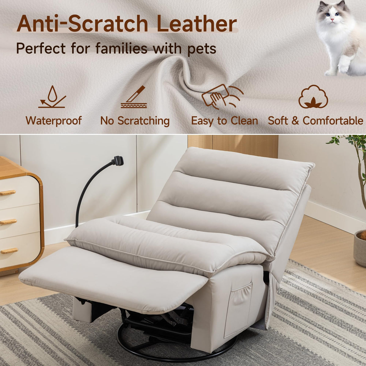 Oversized Rocker Recliner Chair for Adults, Swivel Rocking Recliner Bean Bag Chair Sofa, Armless Push Back Recliner Chair for Living Room Home Theater