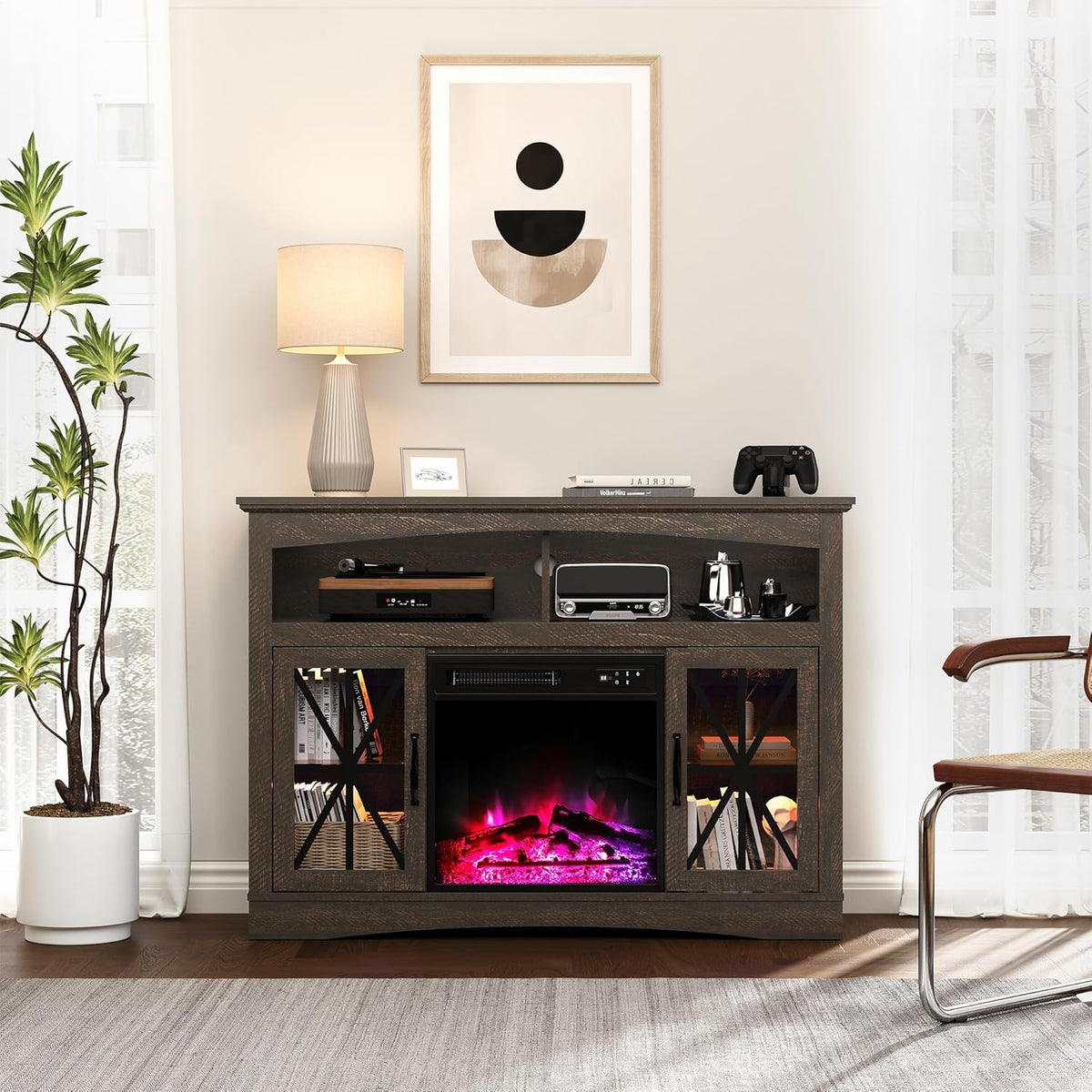 Royalcraft 47'' Farmhouse TV Stand with Fire Place, Retro TV Console with Glass Doors, Media Entertainment Center with Adjustable Shelves for 18'' Fireplace, Suitable for Living Room