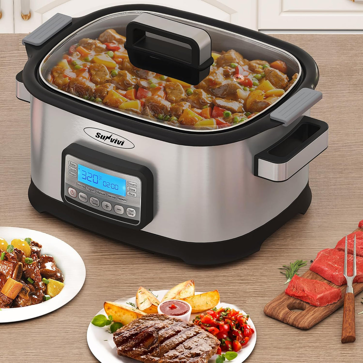 Royalcraft 11-in-1 Multi Slow Cooker Roaster Oven, 6.5QT Sliver Digital Programmable Slow Cooker with Rack, Large Removable Nonstick Crock, Glass Lid, Multicooker with Timer Temp Control, Delay Start