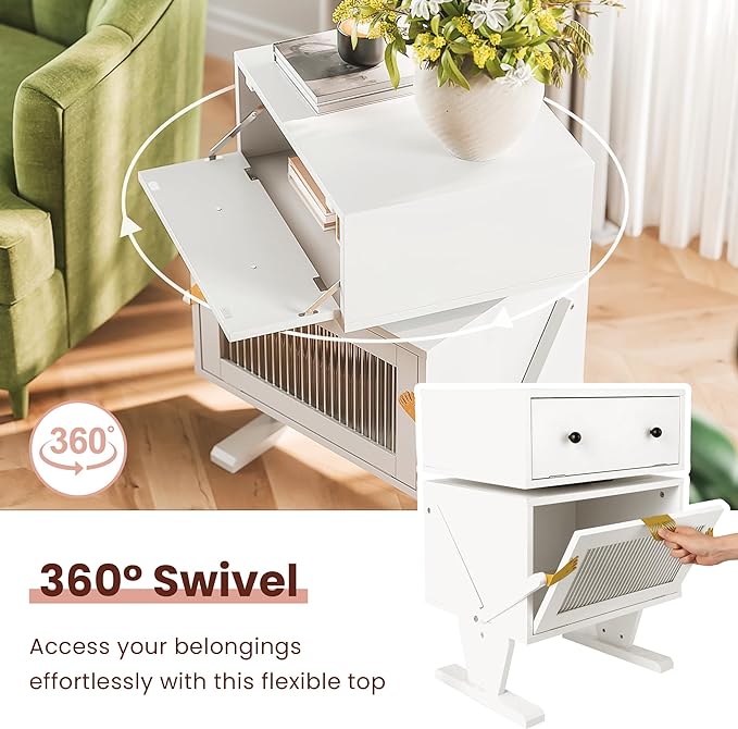 RoyalCraft White Nightstand with LED Light Strips, Modern End Table with 360° Rotating Drawer, Bedside Table with Glass Door Storage, Wood Night Stand Cabinet for Living Room, Bedroom, Nursery