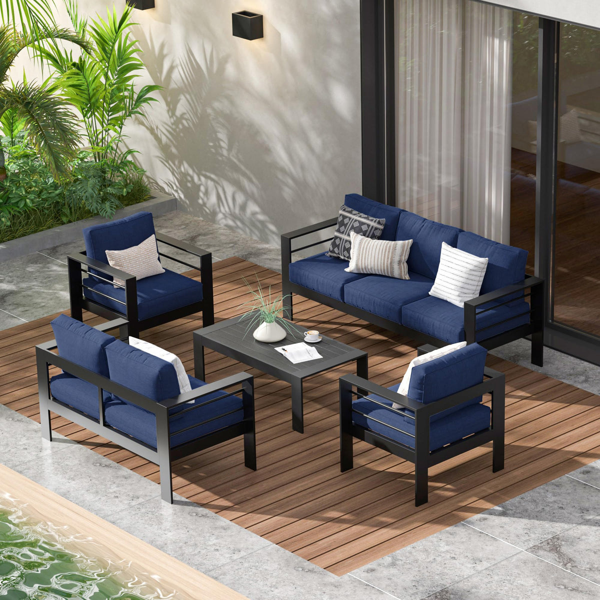 CozyHome Aluminum Outdoor Patio Furniture Set, 7 Seats Modern Patio Sectional Sofa Conversation Set, Outdoor Seating Set with Coffee Table for Deck Garden Backyard, Blue