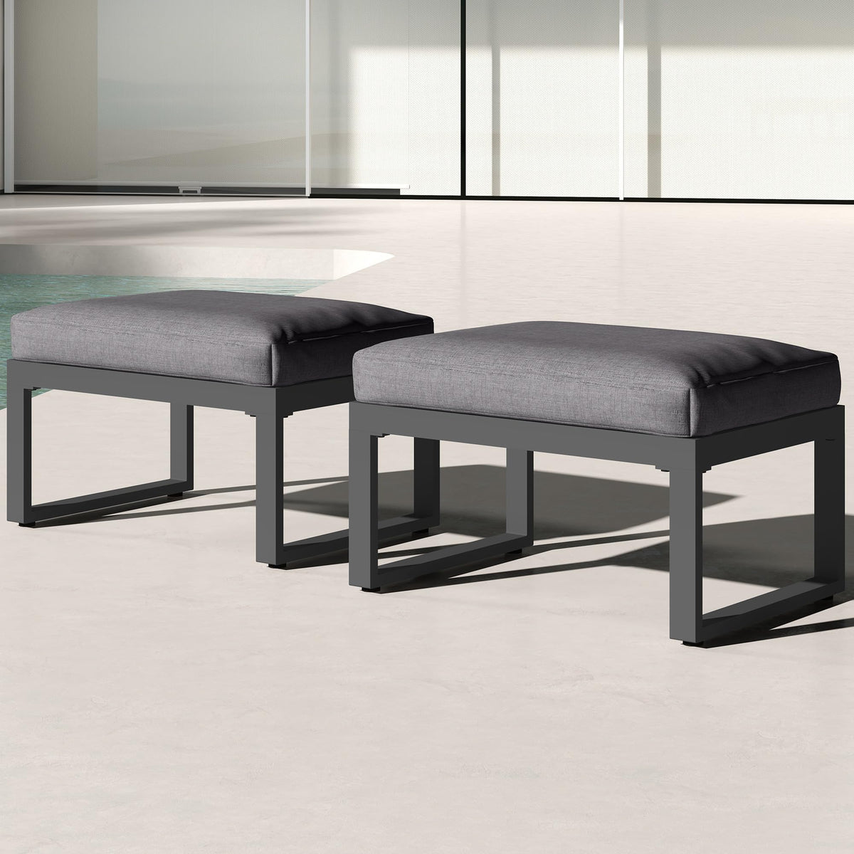 CozyHome 2 Pieces Aluminum Outdoor Patio Ottoman Set, Outdoor Foot Stools with Thick Cushion, Small Seat Furniture for Porch Balcony Backyard, Grey