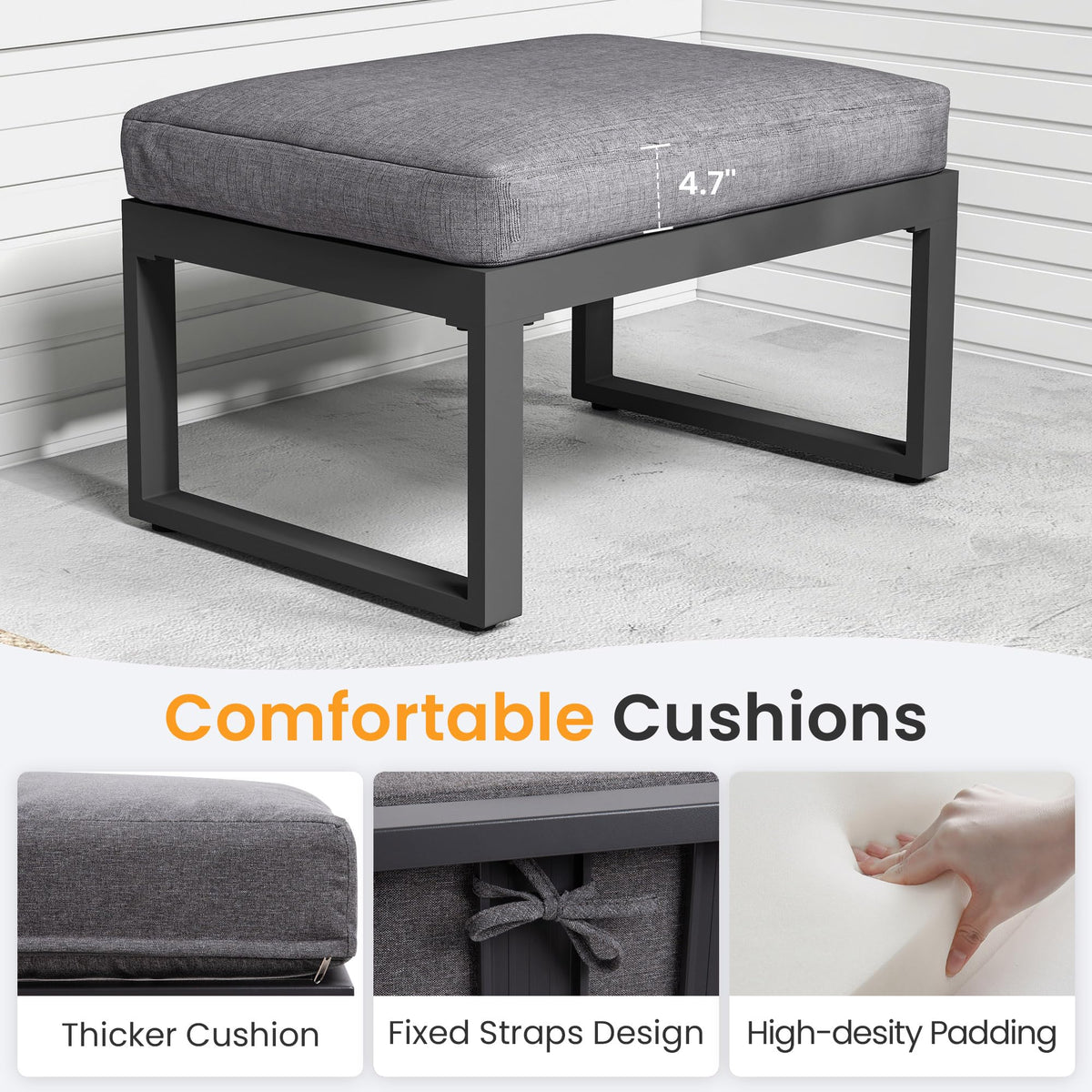 CozyHome 2 Pieces Aluminum Outdoor Patio Ottoman Set, Outdoor Foot Stools with Thick Cushion, Small Seat Furniture for Porch Balcony Backyard, Grey