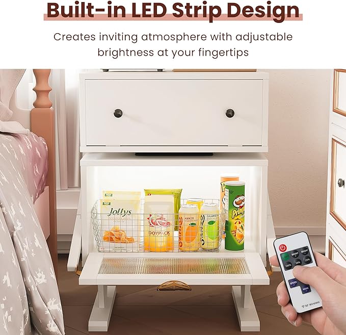 RoyalCraft White Nightstand with LED Light Strips, Modern End Table with 360° Rotating Drawer, Bedside Table with Glass Door Storage, Wood Night Stand Cabinet for Living Room, Bedroom, Nursery